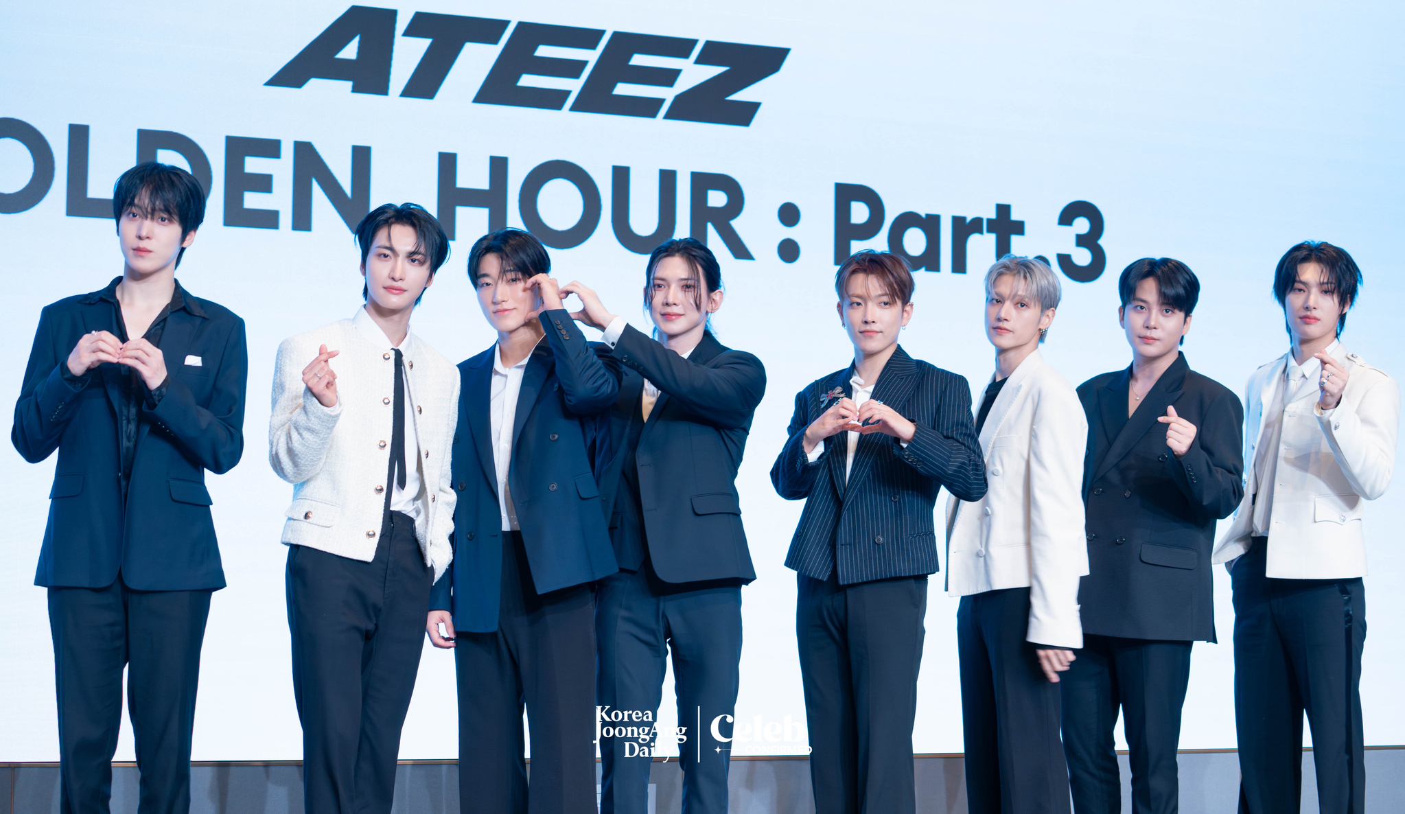 Boy band Ateez poses for photos during a news conference for the release of its 12th EP, “Golden Hour: Part.3,” at Hotel Naru Seoul MGallery Ambassador in western Seoul. [DANIELA GONZALEZ PEREZ]