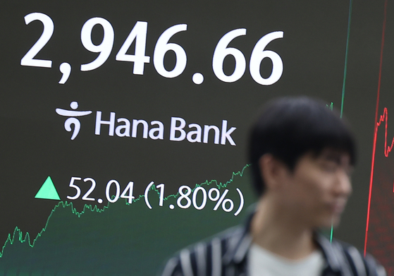 An electronic signboard at a dealing room at Hana Bank in central Seoul shows the benchmark Korea Composite Stock Price Index (Kospi) hit the highest mark in more than three years on June 16, 2025. [YONHAP]