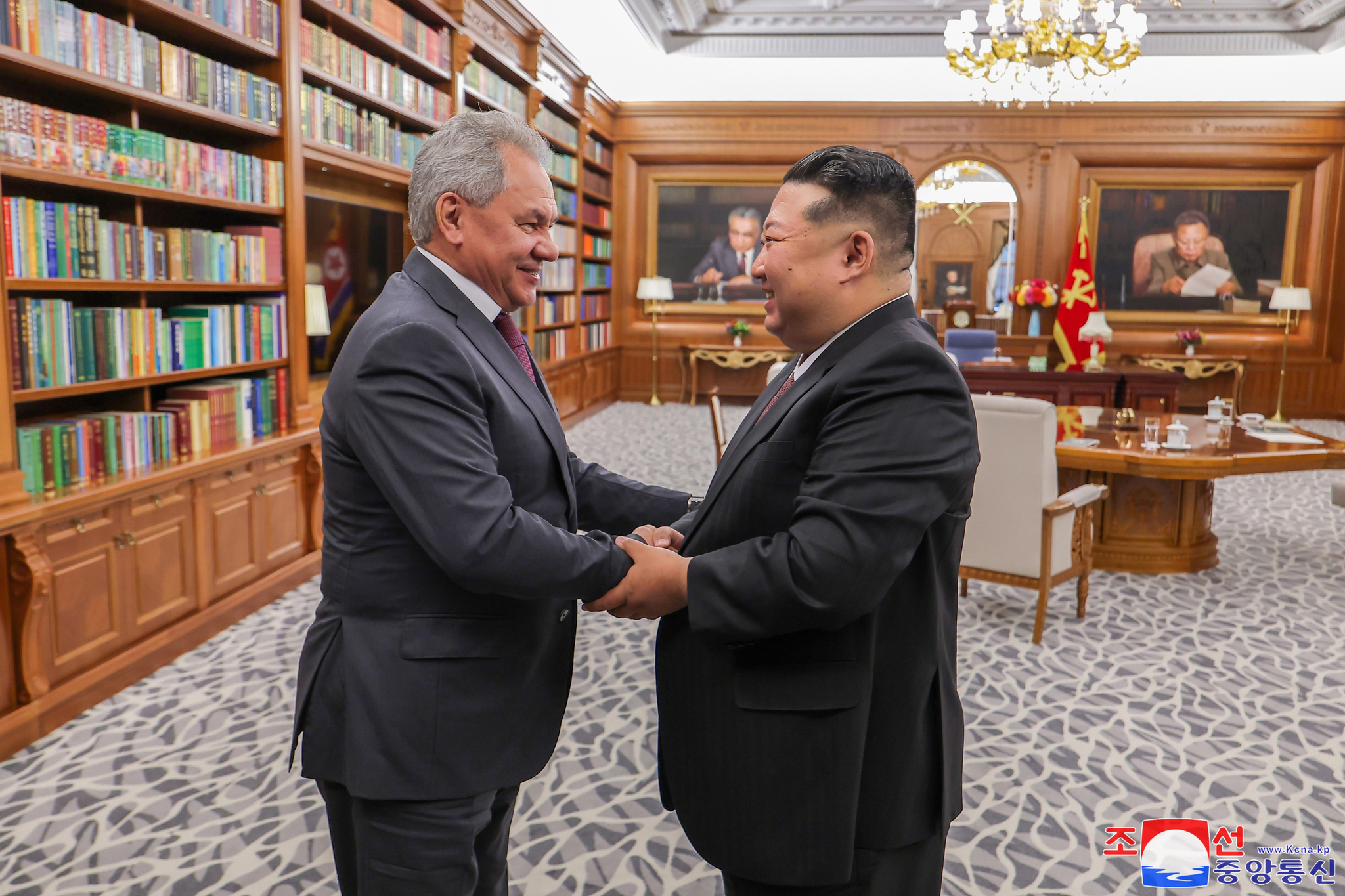 A photo released by the official North Korean Central News Agency shows North Korean leader Kim Jong-un, right, meeting with Secretary of the Russian Security Council Sergei Shoigu at the headquarters of the Workers' Party of Korea Central Committee in Pyongyang, North Korea, on June 4. [YONHAP]