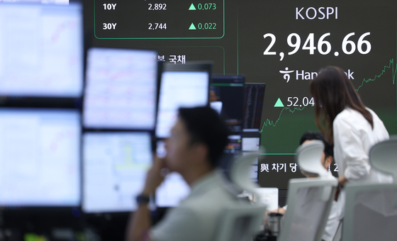 An electronic signboard at a dealing room at Hana Bank in central Seoul shows the benchmark Korea Composite Stock Price Index (Kospi) hit the highest mark in more than three years on June 16, 2025. [YONHAP]