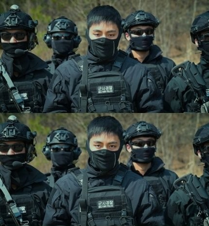 V is seen in photos released by the Army training center on April 17, 2024 with a caption stating that he has been assigned to serve in a special mission unit under the military police. [SCREEN CAPTURE]