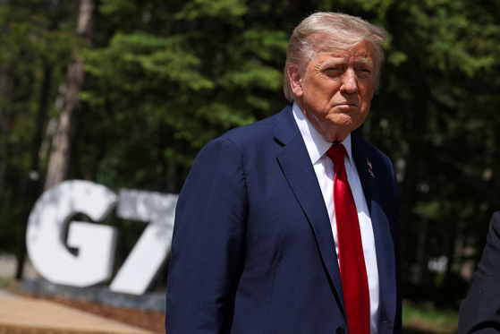 U.S. President Donald Trump speaks to the media at the G7 summit in Kananaskis, Alberta, Canada on June 16. [AP/YONHAP]