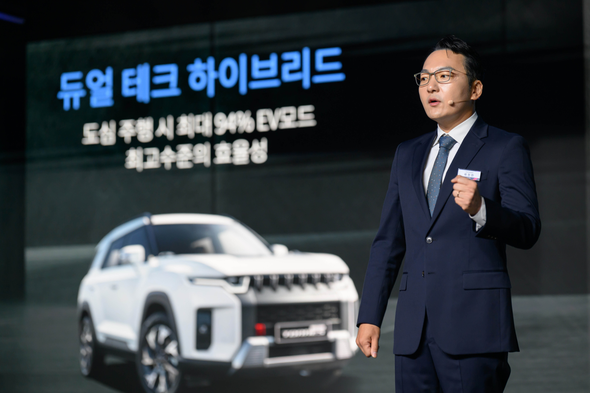 KG Mobility Chief Strategy Officer Kwak Jeong-hyun speaks during a press conference unveiling its business strategies at the company’s manufacturing facility in Pyeongtaek, Gyeonggi, on June 17. [KG MOBILITY]