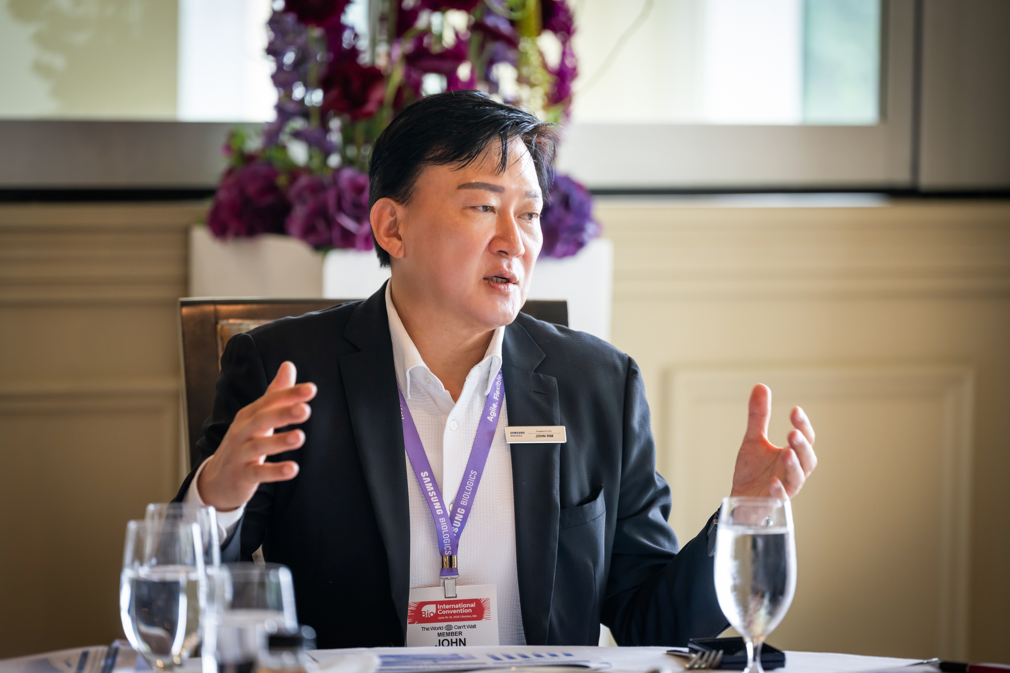 Samsung Biologics CEO John Rim speaks to the press about the company's future road map at a luncheon in Boston on June 17. Samsung Biologics is exhibiting at the 2025 BIO International Convention held between June 16 and 19. [SAMSUNG BIOLOGICS]
