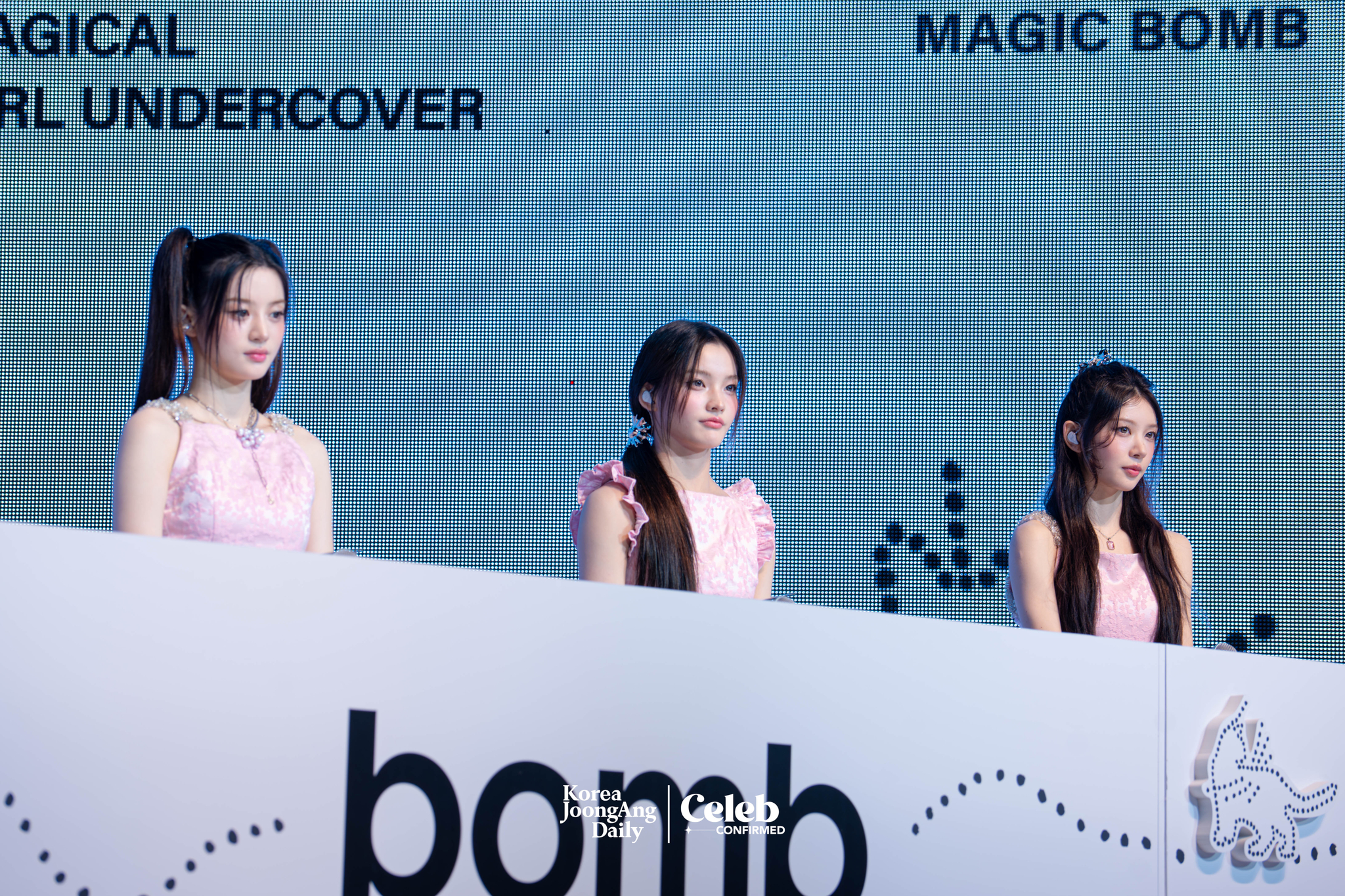 ILLIT answers reporters' questions during a a showcase for the release of its 3rd EP, “bomb,” at Yes24 Live Hall in eastern Seoul on June 16. [DANIELA GONZALEZ PEREZ]