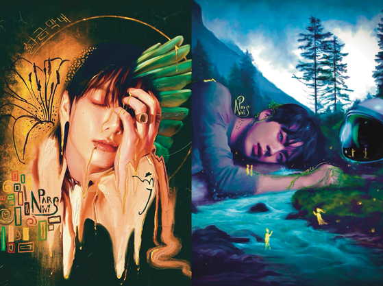 Fan art of BTS member Jungkook, left, titled ″Golden,″ and of member Jin, ″The Lonely Astronaut,″ both created by artist Himanshi B from India and presented by the 25th Hour Collective at the ″Presence in Absence: The Art of BTS Chapter 2″ art exhibition [25TH HOUR COLLECTIVE]