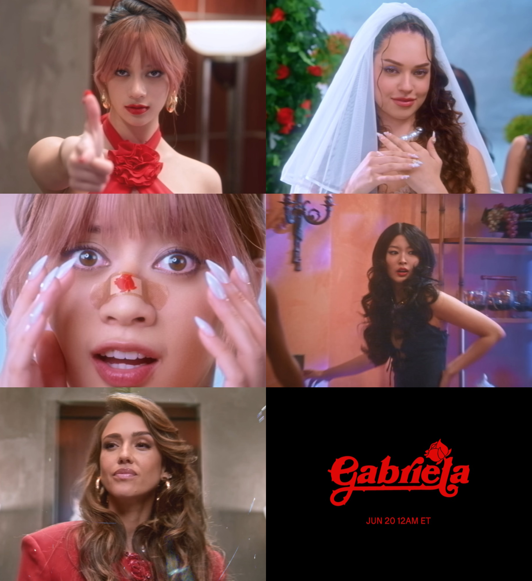Katseye members and actor Jessica Alba are pictured in these stills from "Gabriela," the girl group's song set to drop on June 20. [HYBE]