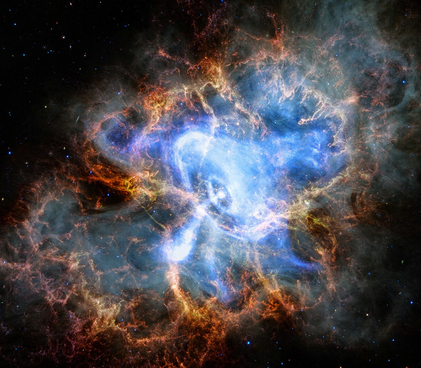 The Crab Nebula, the result of a bright supernova explosion seen by Chinese and other astronomers in the year 1054, 6,500 light-years from Earth, is seen in an image taken by the James Webb Telescope on June 3, 2024. At its center is a neutron star, a super-dense star produced by the supernova. This image shows the X-ray data from Chandra along with infrared data from the Webb space telescope.  [REUTERS/YONHAP]
