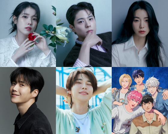 Clockwise from left top, singer-actor IU, actor Park Bo-gum, actor Lim Ji-yeon, virtual idol group Plave, Doyoung of NCT and actor Kim Seon-ho [EACH AGENCY]