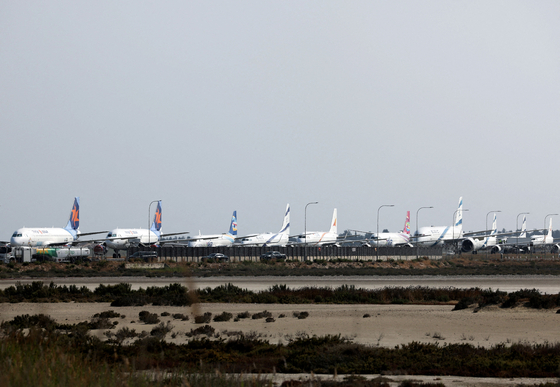 Aircraft belonging to Israel's state carrier El Al and Israir among other airlines, are parked at Larnaca International Airport, in Larnaca, Cyprus, on June 16. [REUTERS/YONHAP] 
