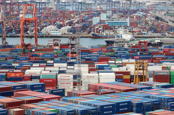 Trade containers are stacked at Busan Port on June 11. [NEWS1]