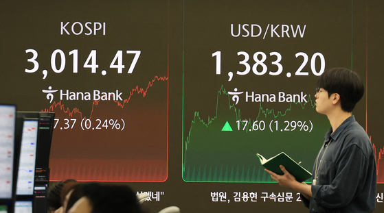 A screen in Hana Bank's trading room in central Seoul shows the Kospi closing at 3,014.47 points on June 23. [YONHAP]