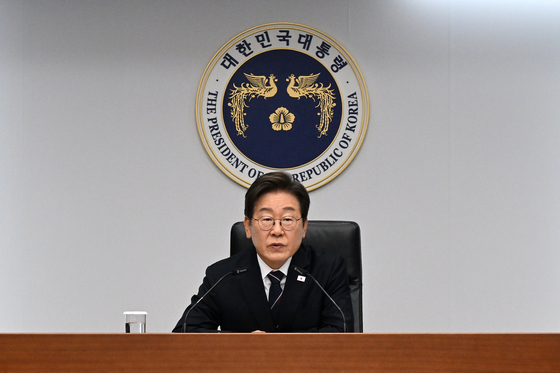 President Lee Jae Myung speaks during a senior aides’ meeting at the presidential office in Yongsan, central Seoul on June 23. [JOINT PRESS CORPS]