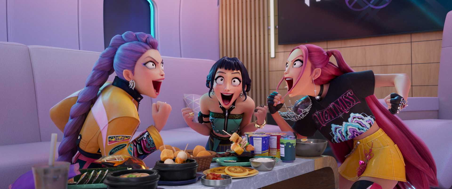 A still from Netflix's animated film ″KPop Demon Hunters,″ featuring Huntrix and Korean food [NETFLIX]