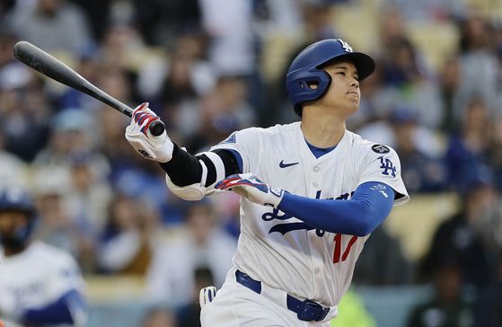Los Angeles Dodgers batter Shohei Ohtani reacts after striking out against the Detroit Tigers during the first inning at Dodger Stadium in Los Angeles on June 21. [AFP/YONHAP] 