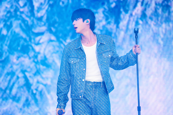 BTS member Jin performs on stage during his first solo fan concert ″#RunSeokJin_EP.Tour″ at the Goyang Sports Complex Auxiliary Stadium in Gyeonggi on June 28. [BIGHIT MUSIC]