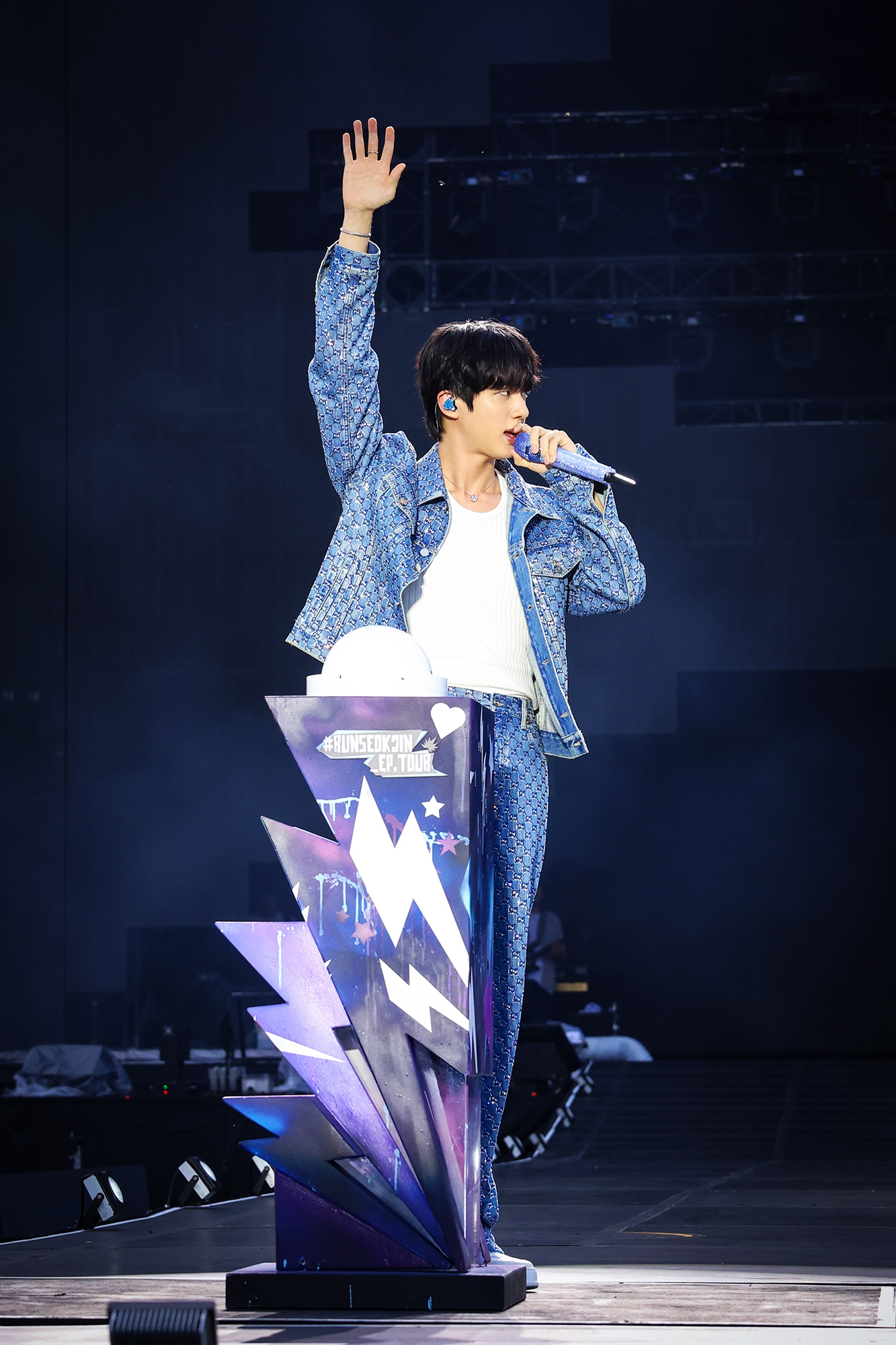BTS member Jin performs on stage during his first solo fan concert ″#RunSeokJin_EP.Tour″ at the Goyang Sports Complex Auxiliary Stadium in Gyeonggi on June 28. [BIGHIT MUSIC]