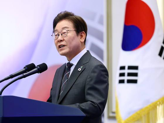 President Lee Jae Myung gives a speech during a luncheon meeting for people of national merits, war veterans and their family members at the former presidential office, Cheong Wa Dae or the Blue House, in central Seoul on June 27, 2025. [JOINT PRESS CORPS]