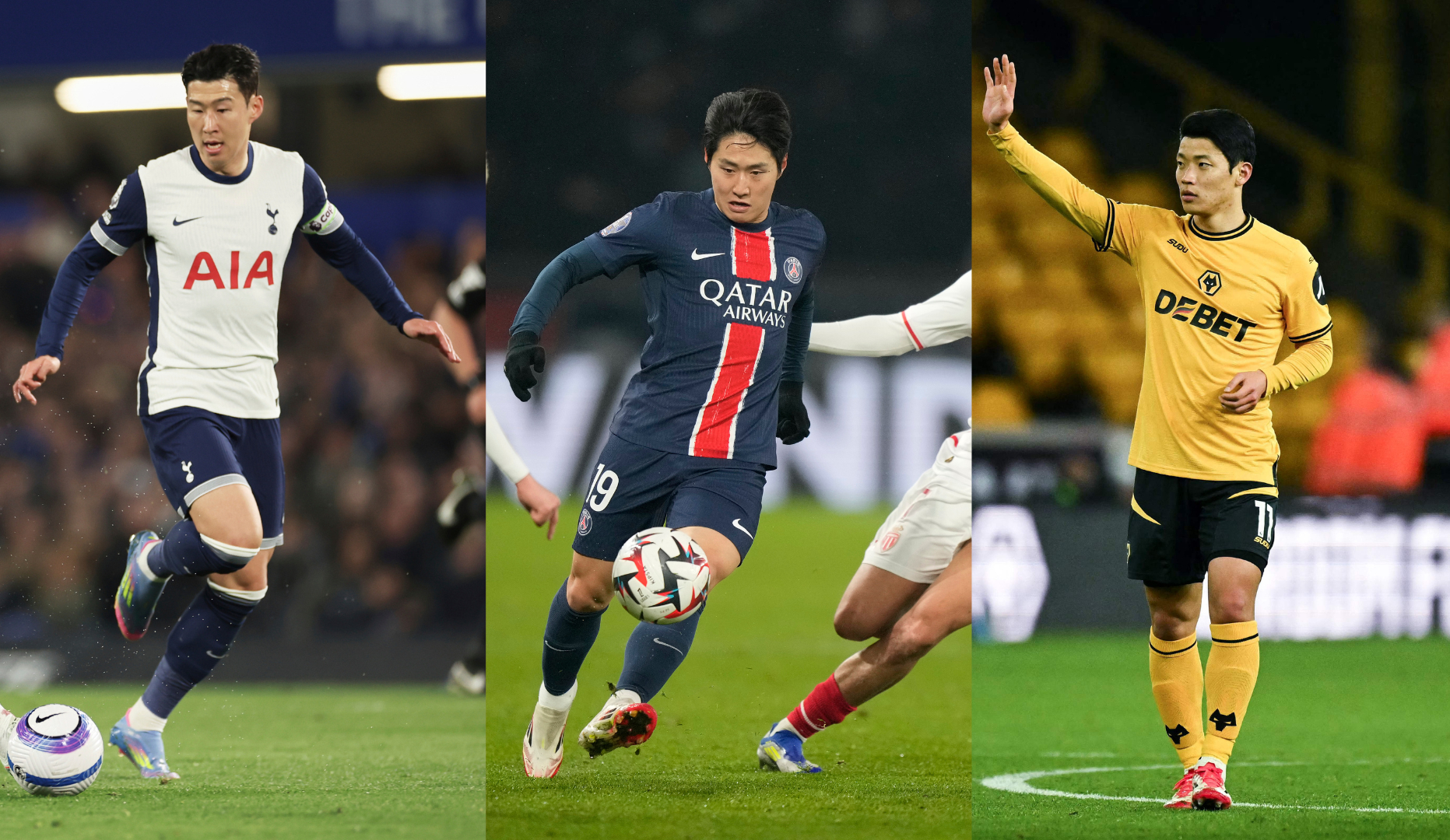 From left: Tottenham Hotspur's Son Heung-min, Paris Saint-Germain's Lee Kang-in and Wolverhampton Wanderers' Hwang Hee-chan  [AP; AFP/YONHAP]