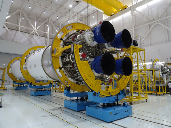 The fourth launch rocket of the homegrown Nuri rocket is seen at the Korea Aerospace Research Institute in Daejeon on March 26. [YONHAP]