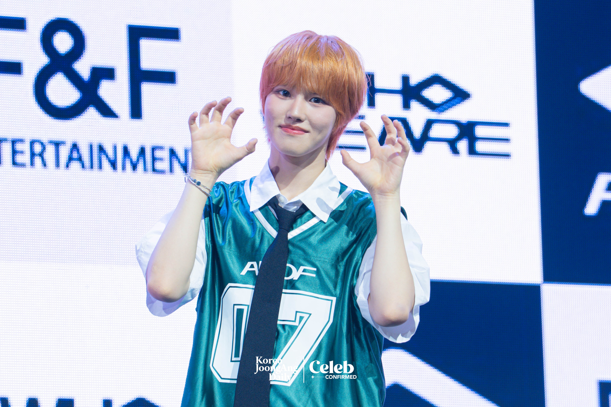 AHOF’s Park Ju-won poses for photos during a showcase for the release of the first EP, “Who We Are,” at Yes24 Live Hall in eastern Seoul on July 1. [DANIELA GONZALEZ PEREZ]