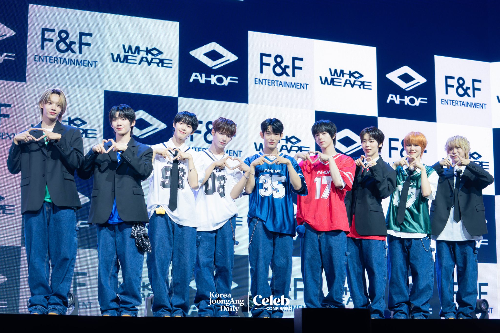 Boy band AHOF poses for photos during a showcase for the release of its first EP, “Who We Are,” at Yes24 Live Hall in eastern Seoul on July 1. [DANIELA GONZALEZ PEREZ]