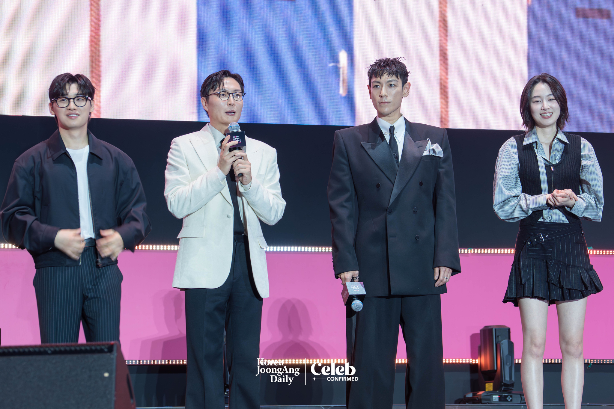 Actors Lee David, Roh Jae-won, Choi Seung-hyun (T.O.P) and Won Ji-an during a fan event for the release of the third season of “Squid Game” (2021-) at Seoul Plaza in central Seoul on June 28. [DANIELA GONZALEZ PEREZ]