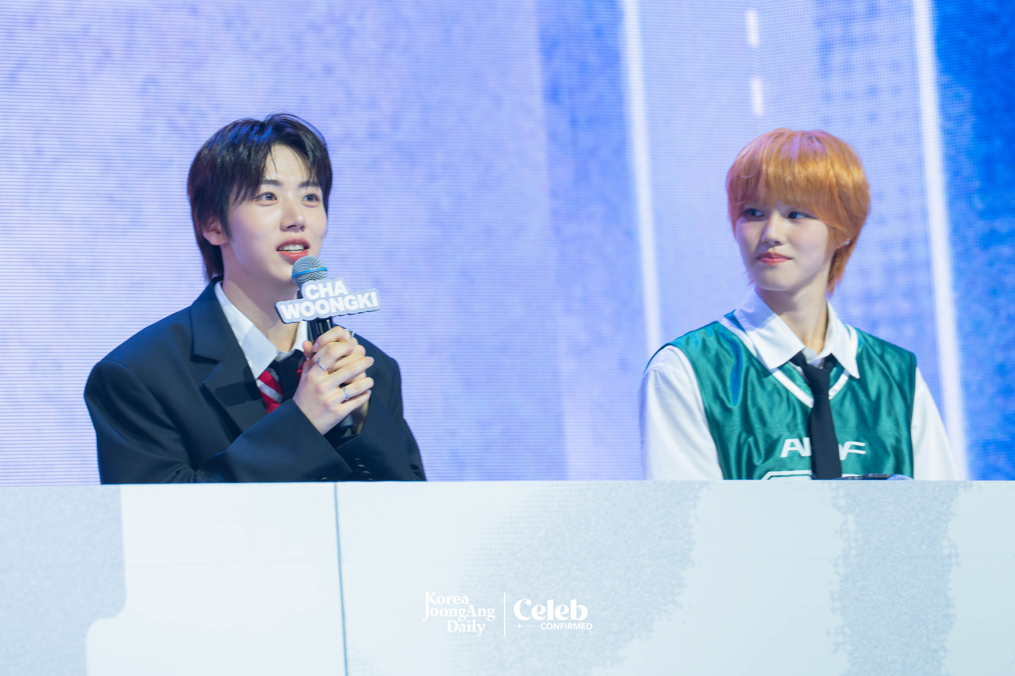 Boy band AHOF answers reporters' questions during a showcase for the release of its first EP, “Who We Are,” at Yes24 Live Hall in eastern Seoul on July 1. [DANIELA GONZALEZ PEREZ]