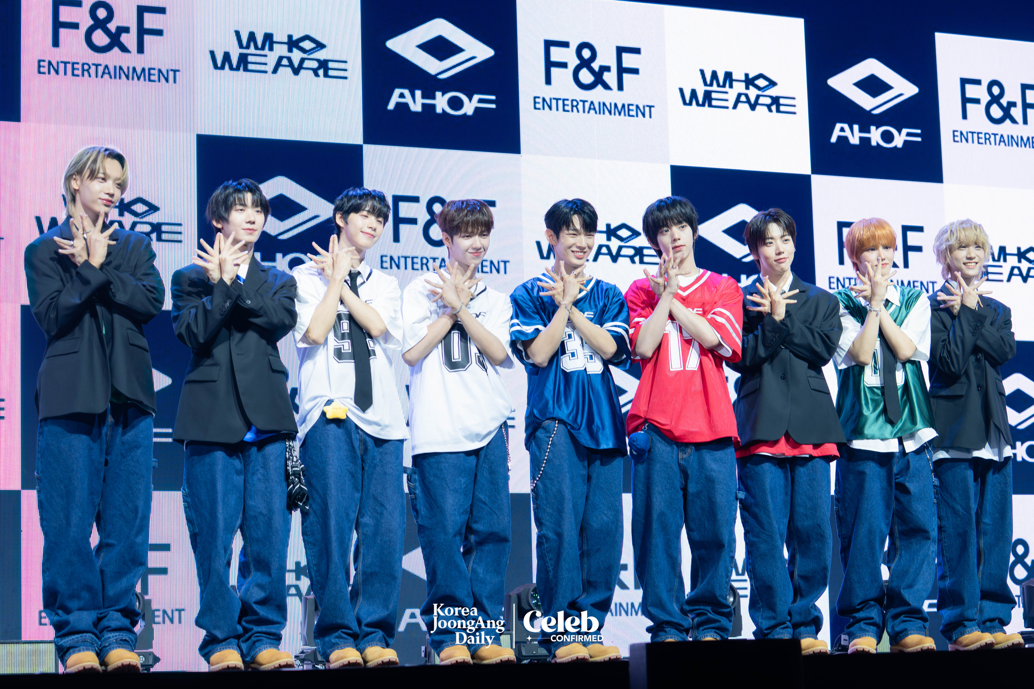 Boy band AHOF poses for photos during a showcase for the release of its first EP, “Who We Are,” at Yes24 Live Hall in eastern Seoul on July 1. [DANIELA GONZALEZ PEREZ]