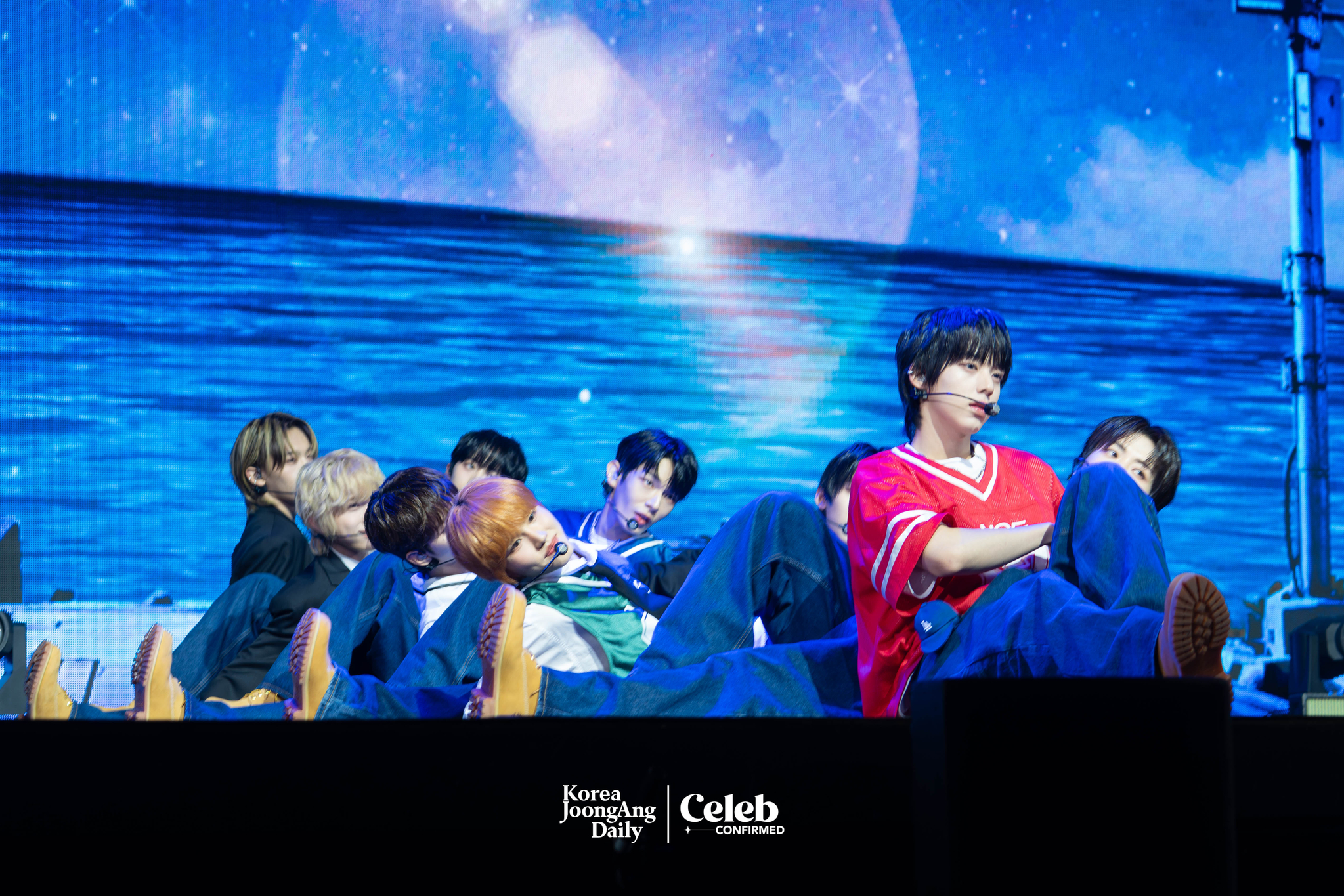 Boy band AHOF performs lead track “Rendezvous” during a showcase for the release of its first EP, “Who We Are,” at Yes24 Live Hall in eastern Seoul on July 1. [DANIELA GONZALEZ PEREZ]