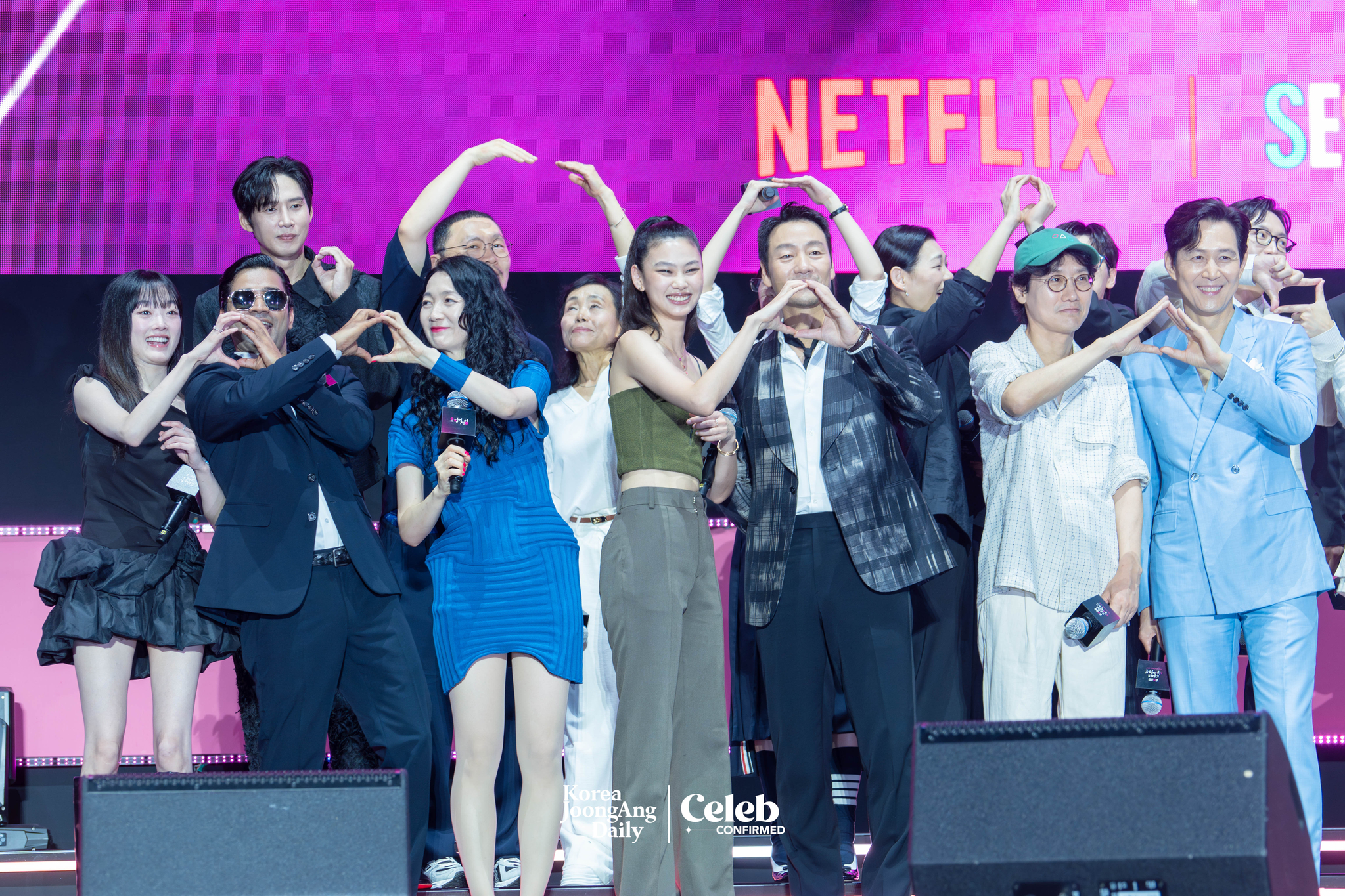 The cast of the third season of “Squid Game” (2021-) during a fan event for the release of the third season of “Squid Game” at Seoul Plaza in central Seoul on June 28. [DANIELA GONZALEZ PEREZ]