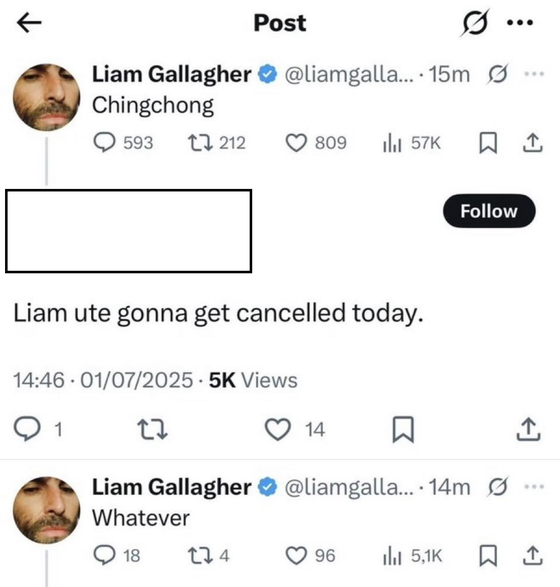 Liam Gallagher's X post uploaded on July 1 [SCREEN CAPTURE]