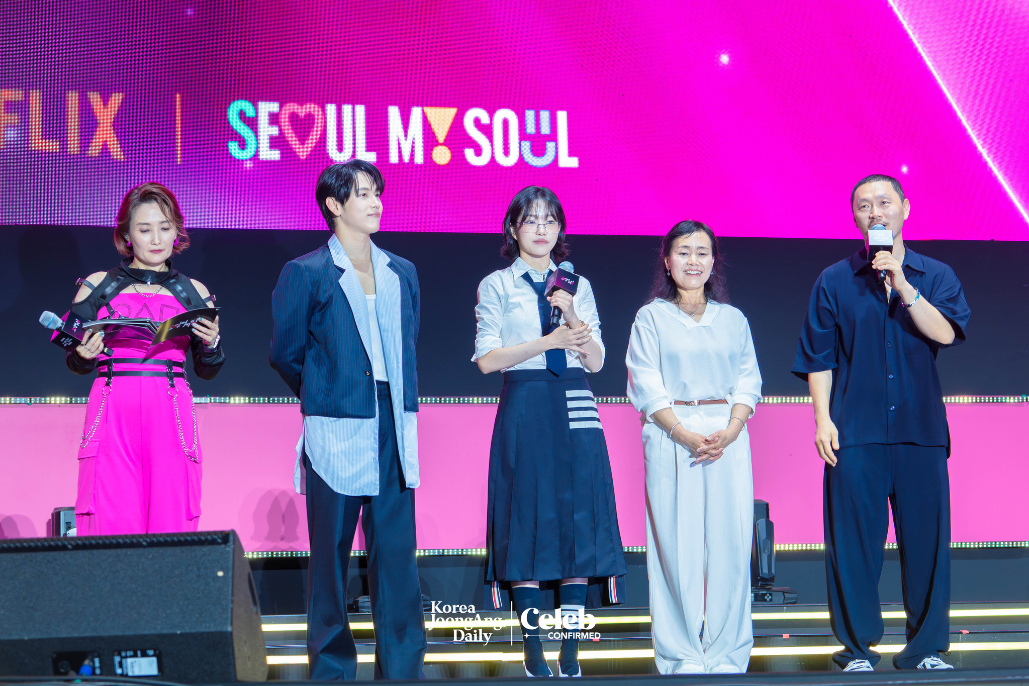 The cast of the third season of “Squid Game” (2021-) during a fan event for the release of the third season of “Squid Game” at Seoul Plaza in central Seoul on June 28. [DANIELA GONZALEZ PEREZ]