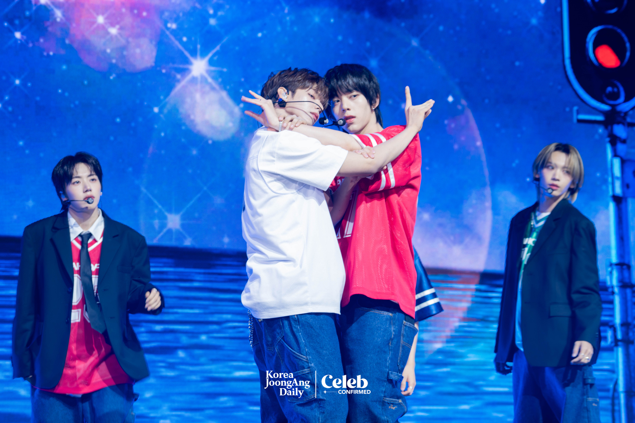 Boy band AHOF performs lead track “Rendezvous” during a showcase for the release of its first EP, “Who We Are,” at Yes24 Live Hall in eastern Seoul on July 1. [DANIELA GONZALEZ PEREZ]