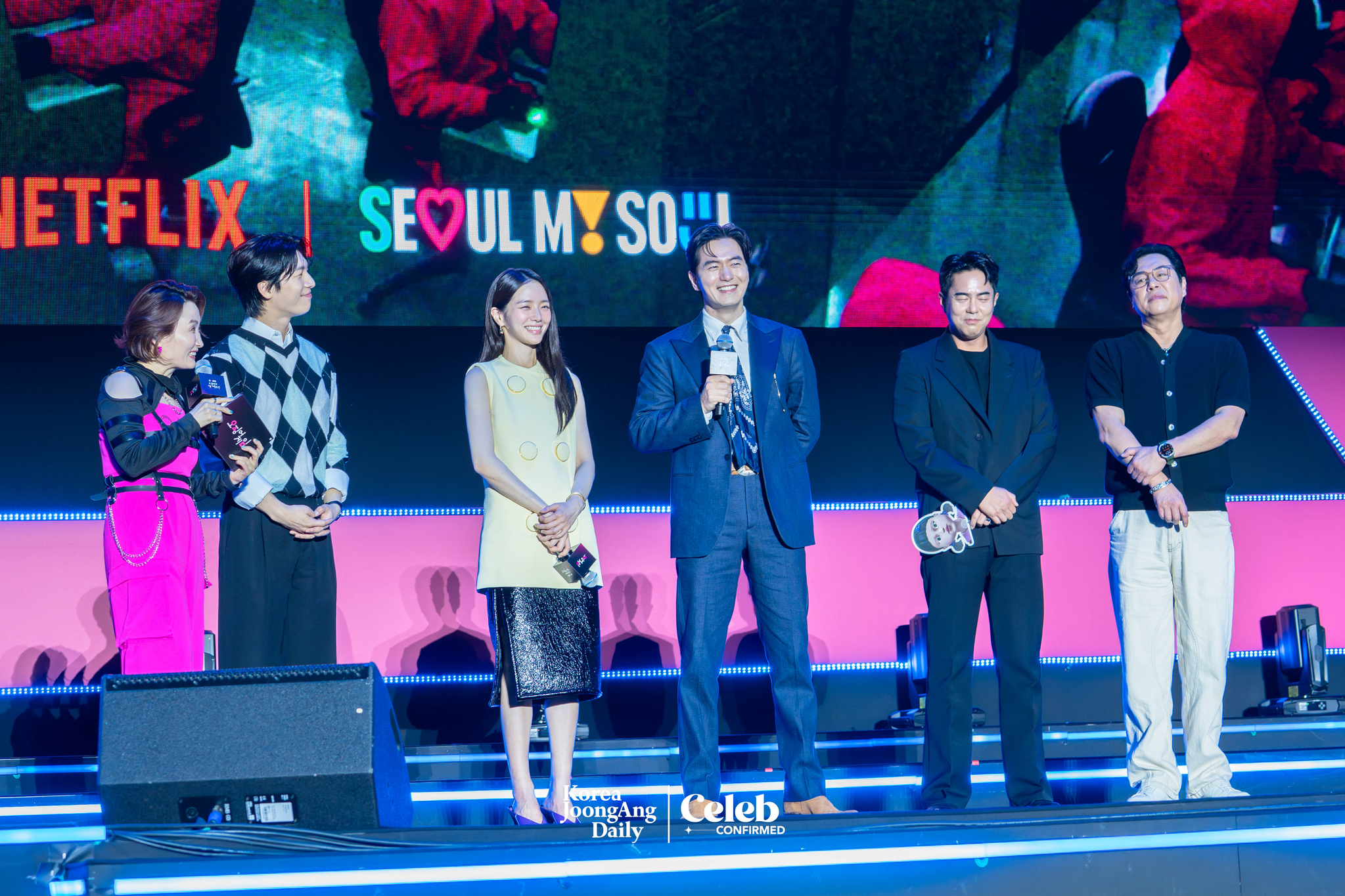 The cast of the third season of “Squid Game” (2021-) during a fan event for the release of the third season of “Squid Game” at Seoul Plaza in central Seoul on June 28. [DANIELA GONZALEZ PEREZ]