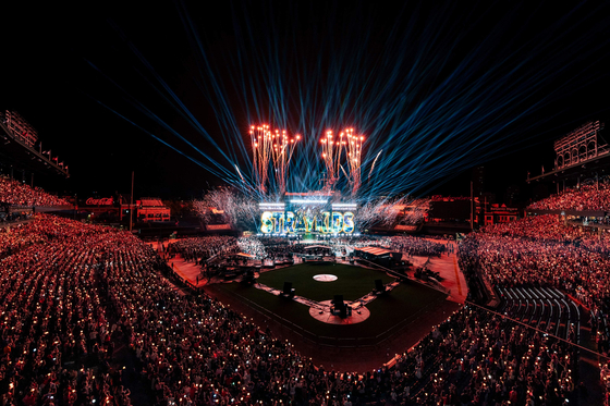 Boy band Stray Kids perform at Chicago’s Wrigley Field in Chicago on June 27. [JYP ENTERTAINMENT]