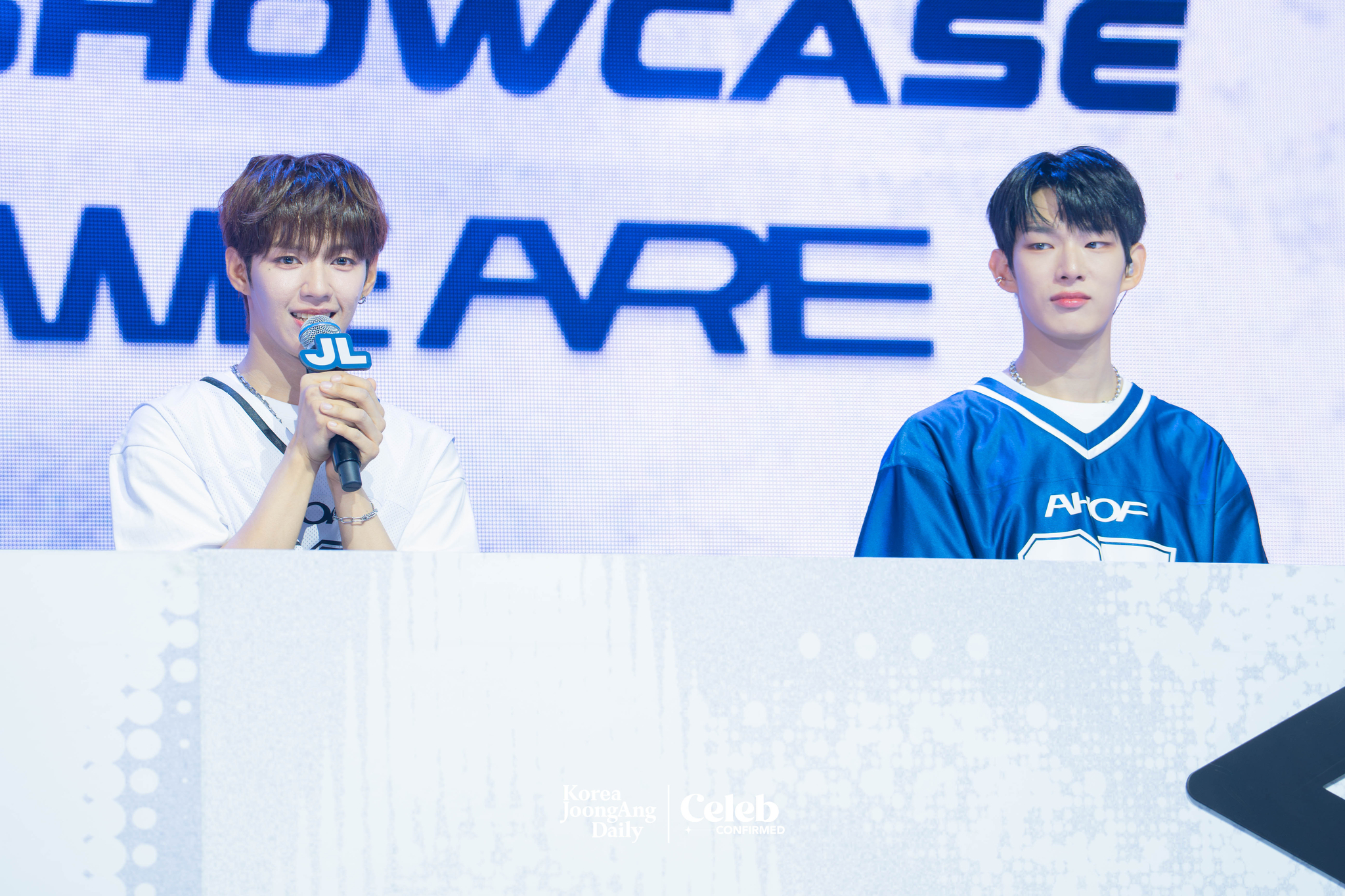 Boy band AHOF answers reporters' questions during a showcase for the release of its first EP, “Who We Are,” at Yes24 Live Hall in eastern Seoul on July 1. [DANIELA GONZALEZ PEREZ]