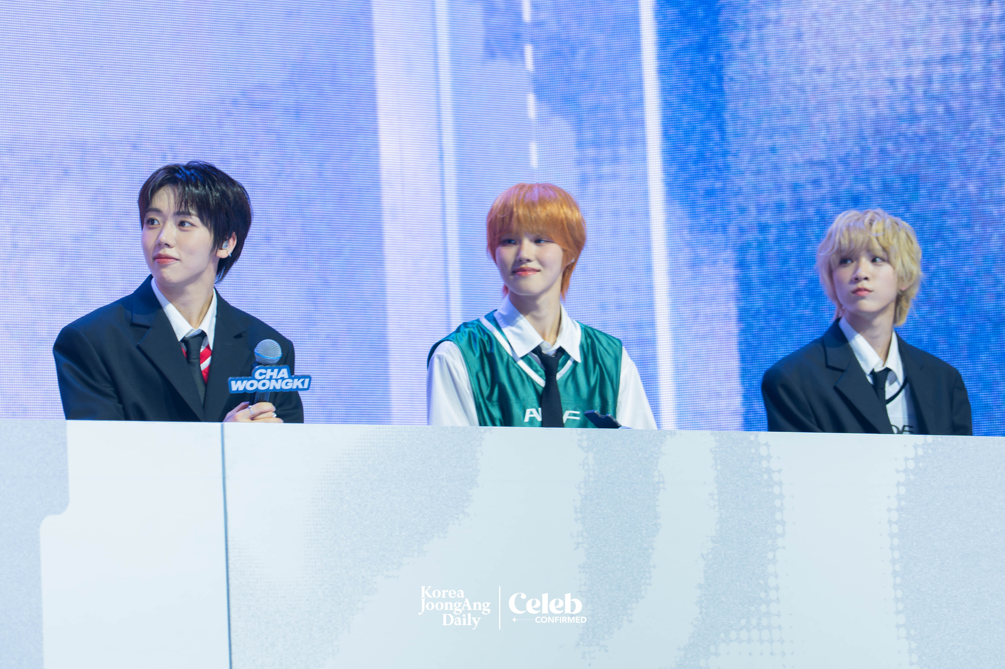 Boy band AHOF answers reporters' questions during a showcase for the release of its first EP, “Who We Are,” at Yes24 Live Hall in eastern Seoul on July 1. [DANIELA GONZALEZ PEREZ]