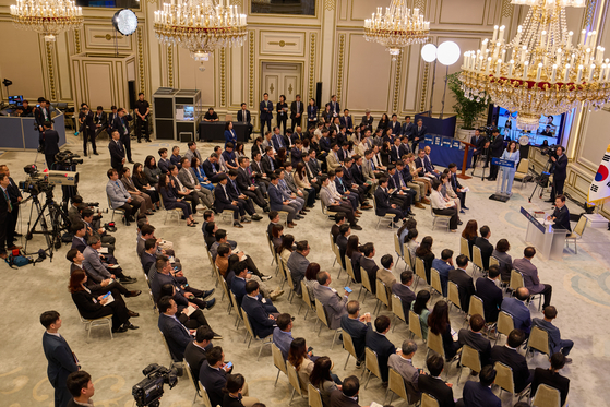 President Lee Jae Myung holds his first formal press conference marking 30 days in office at the Blue House compound in central Seoul on July 3. [JOINT PRESS CORPS]