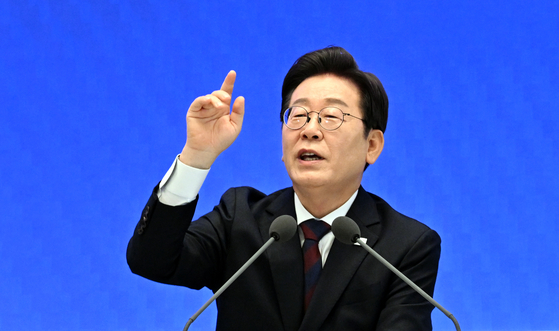 President Lee Jae Myung speaks during his first formal press conference marking 30 days in office at the Blue House compound in central Seoul on July 3. [JOINT PRESS CORPS]