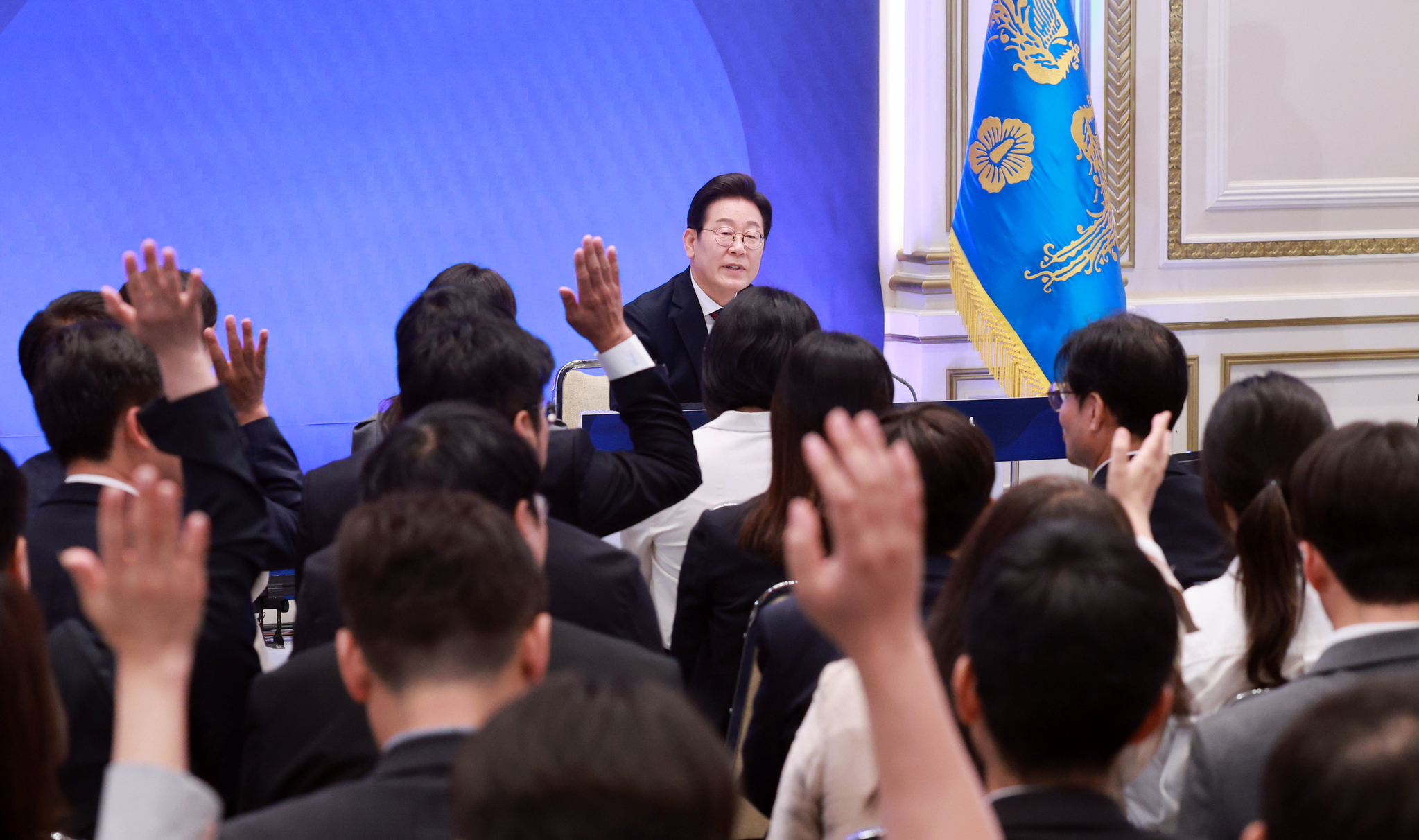 President Lee Jae Myung takes question from journalists during his first formal press conference marking 30 days in office at the Blue House’s Yeongbingwan state guest house in central Seoul on July 3. [JOINT PRESS CORPS]