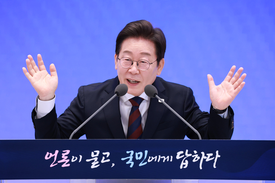 President Lee Jae Myung speaks during a press conference marking 30 days in office at the Blue House’s Yeongbingwan state guest house in central Seoul on July 3. [JOINT PRESS CORPS]