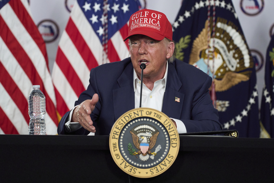 U.S. President Donald Trump speaks during a roundtable at ″Alligator Alcatraz,″ a new migrant detention facility at Dade-Collier Training and Transition facility in Ochopee, Florida, on July 1. [AP/YONHAP]