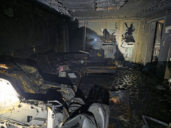 The remains of an apartment unit in Gijang, Busan, after a fire broke out at 10:58 p.m. on July 2. [BUSAN FIRE SERVICES]