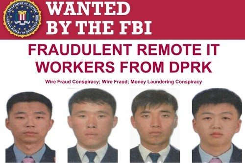 This captured image shows four North Koreans indicted in the United States in connection with wire fraud and who are wanted by the FBI. [YONHAP]
