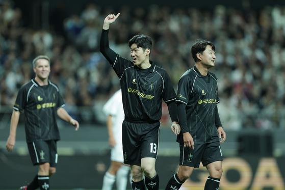 FC Spear's Park Ji-sung celebrates scoring during the Nexon Icons Match against Shield United at Seoul World Cup Stadium in western Seoul on Oct. 20, 2024. [NEWS1]