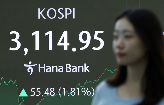 A screen in Hana Bank's trading room in central Seoul shows the Kospi closing at 3,114.95 points on July 8, up 55.48 points, or 1.81 percent, from the previous trading session. [NEWS1]