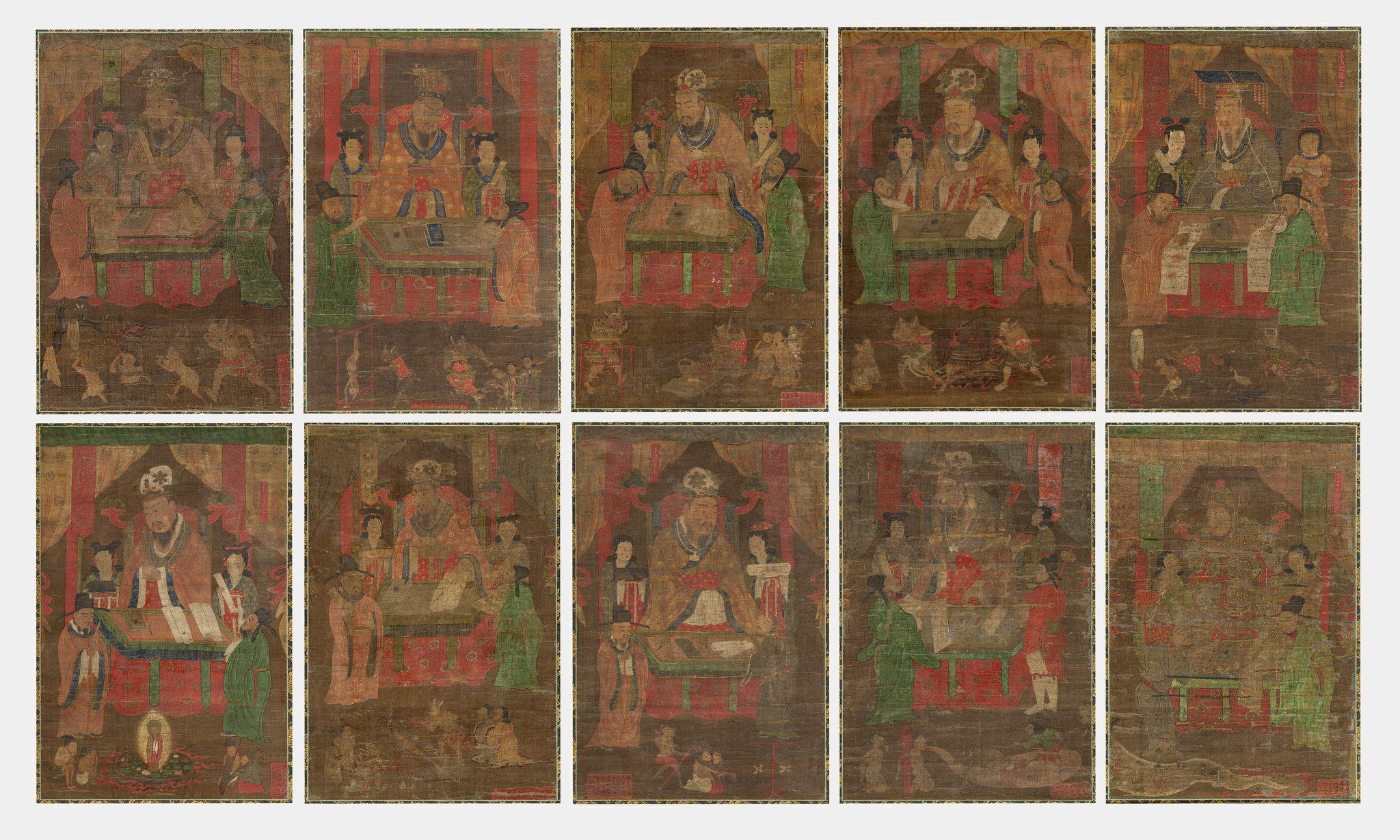 The entire 10 paneled paintings for “Ten Underworld Kings,” each featuring one of the 10 kings of the afterlife in Buddhism who judge the dead based on their earthly deeds. [KOREA HERITAGE SERVICE]