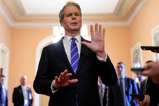 U.S. Treasury Secretary Scott Bessent speaks to reporters at the U.S. Capitol in Washington on June 27. [REUTERS/YONHAP]