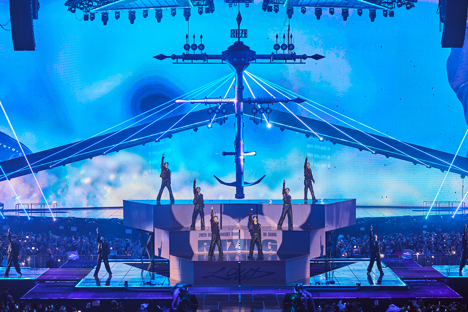 Boy band Riize performs during its first solo concert tour, “Riize Loud,” on July 6 at the KSPO Dome in southern Seoul. [SM ENTERTAINMENT]